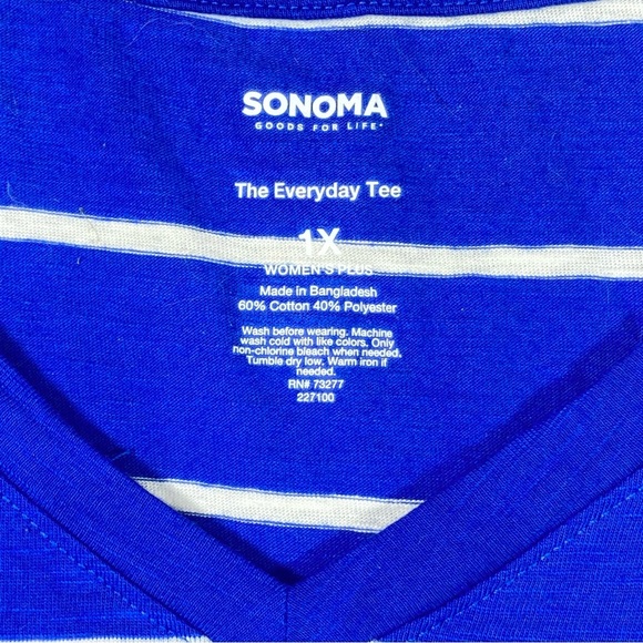Sonoma Everyday Tee Women's 1X Blue White Striped Short Sleeve V Neck Casual Top - Picture 4 of 9